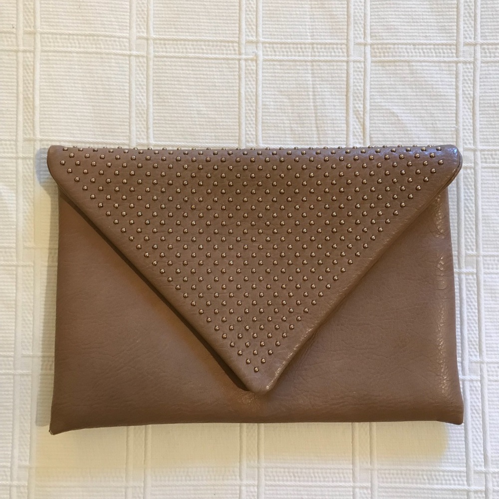 Beige Leather Clutch with Gold Studs